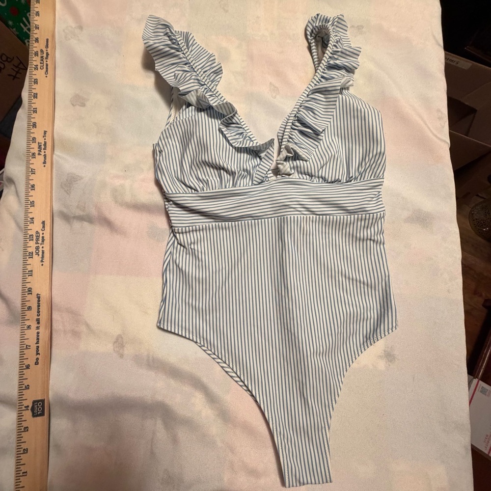 H&M Blue and White Striped Ruffle One-Piece Swimsuit